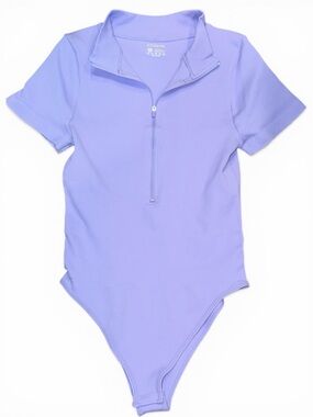 OQQ Lavender Ribbed Zip Bodysuit Size L Short Sleeve Seamless Lilac Athleisure